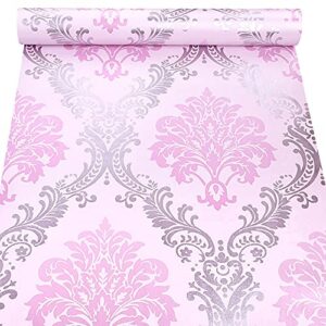 hoyoyo self-adhesive shelf liners paper, removable self adhesive shelf liner dresser drawer wall stickers home decoration, pink damask 17.8 x 118 inches
