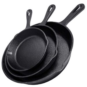 simple chef cast iron skillet 3-piece set – best heavy-duty professional restaurant chef quality pre-seasoned pan cookware set – 10″, 8″, 6″ pans – great for frying, saute, cooking, pizza & more,black