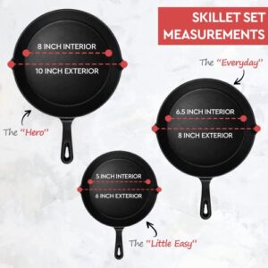 Simple Chef Cast Iron Skillet 3-Piece Set - Best Heavy-Duty Professional Restaurant Chef Quality Pre-Seasoned Pan Cookware Set - 10", 8", 6" Pans - Great For Frying, Saute, Cooking, Pizza & More,Black