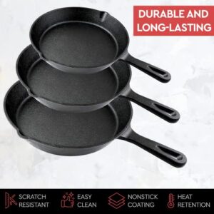 Simple Chef Cast Iron Skillet 3-Piece Set - Best Heavy-Duty Professional Restaurant Chef Quality Pre-Seasoned Pan Cookware Set - 10", 8", 6" Pans - Great For Frying, Saute, Cooking, Pizza & More,Black