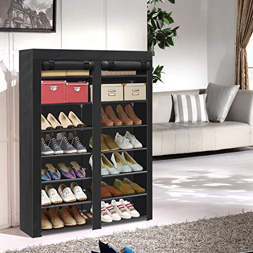 ERONE Shoe Rack Storage Organizer , 28 Pairs Portable Double Row with Nonwoven Fabric Cover Shoe Rack Cabinet for Closet (Black)