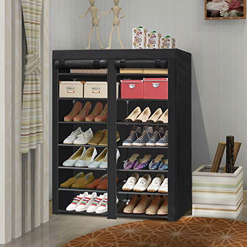 ERONE Shoe Rack Storage Organizer , 28 Pairs Portable Double Row with Nonwoven Fabric Cover Shoe Rack Cabinet for Closet (Black)