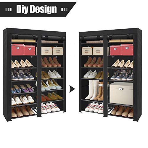 ERONE Shoe Rack Storage Organizer , 28 Pairs Portable Double Row with Nonwoven Fabric Cover Shoe Rack Cabinet for Closet (Black)