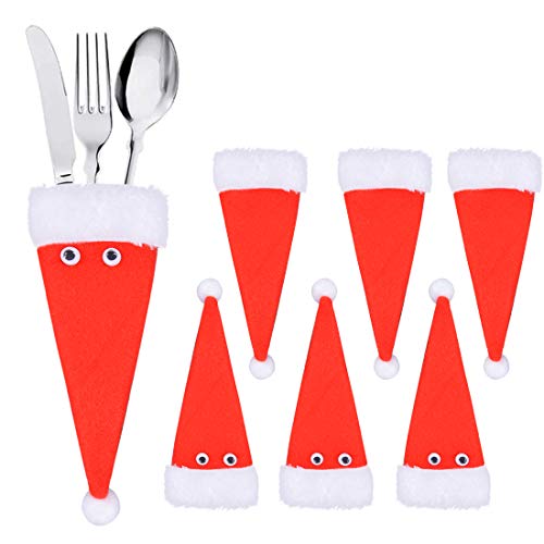 Puimentiua 32pcs Christmas Santa Claus Hat Knife and Fork Silverware Holder Pockets Candy Cover for Christmas Party Decoration