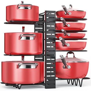 mudeela pots and pans organizer for cabinet 8-tier pan organizer rack for cabinet with 3 diy methods, adjustable pot organizer rack for kitchen organization & storage, cabinet organizer