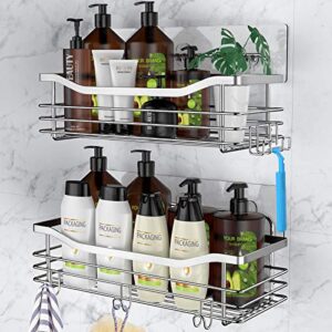orimade adhesive shower caddy basket shelf with 5 hooks organizer storage rack rustproof wall mounted stainless steel no drilling for bathroom, toilet, kitchen – 2 pack