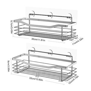 Orimade Adhesive Shower Caddy Basket Shelf with 5 Hooks Organizer Storage Rack Rustproof Wall Mounted Stainless Steel No Drilling for Bathroom, Toilet, Kitchen - 2 Pack