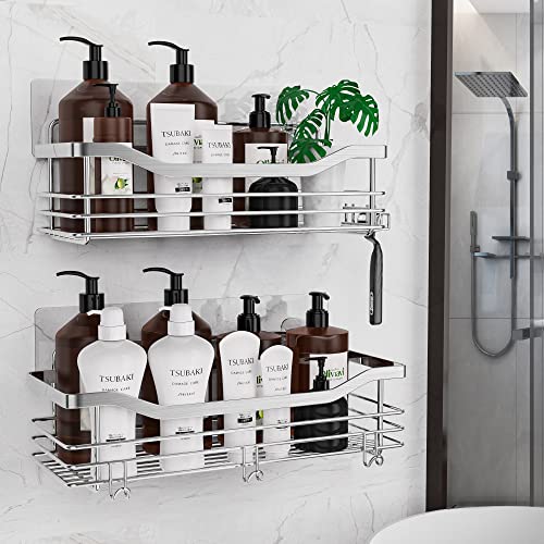 Orimade Adhesive Shower Caddy Basket Shelf with 5 Hooks Organizer Storage Rack Rustproof Wall Mounted Stainless Steel No Drilling for Bathroom, Toilet, Kitchen - 2 Pack