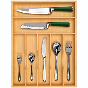royal craft wood luxury bamboo kitchen drawer organizer – silverware organizer and cutlery tray with grooved drawer dividers for flatware and kitchen utensils (7 slot, natural)