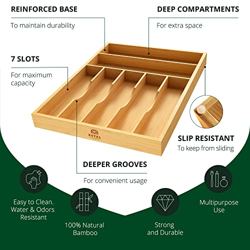 ROYAL CRAFT WOOD Luxury Bamboo Kitchen Drawer Organizer - Silverware Organizer and Cutlery Tray with Grooved Drawer Dividers for Flatware and Kitchen Utensils (7 Slot, Natural)
