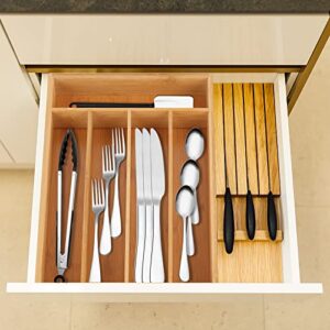 SOONHUA Bamboo Kitchen Drawer Organizer Tray for Flatware, 5 Compartments Cutlery Utensil Organizer Tray Kitchen Drawer Divider