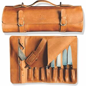 marion – le kangou – genuine calf top grain leather – handcrafted professional chef knife storage roll bag – 8 pockets – detachable shoulder strap – zippered interior pocket