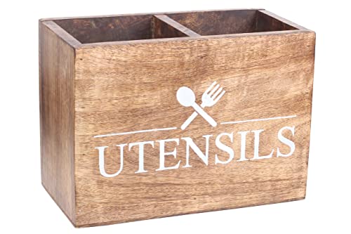 ARTISENIA Wooden Kitchen Utensil Holder With 2 Compartments Wood Utensil Organizer for Cutlery, Napkins, Cups Caddy Organizer | 9.5 X 5 X 7 Inch