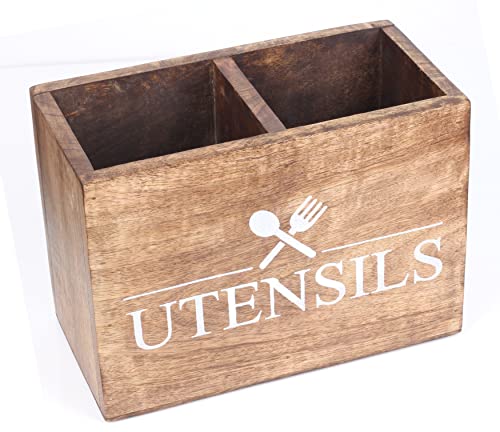 ARTISENIA Wooden Kitchen Utensil Holder With 2 Compartments Wood Utensil Organizer for Cutlery, Napkins, Cups Caddy Organizer | 9.5 X 5 X 7 Inch