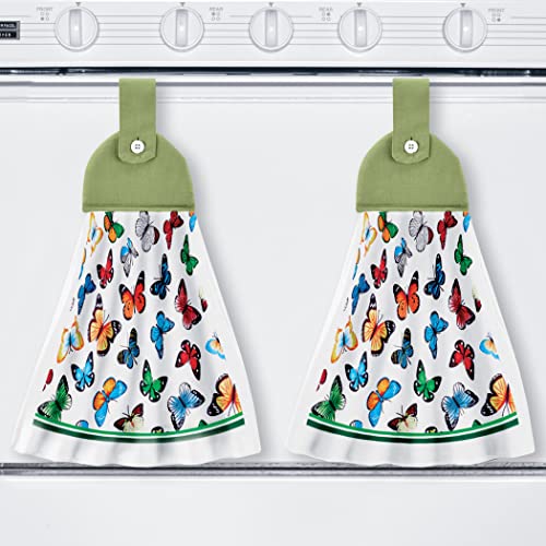 Collections Etc 2-Piece Hanging Tab Top Butterfly Kitchen Towels - for Appliances, Drawer Handles - Machine Washable Cotton, Polyester