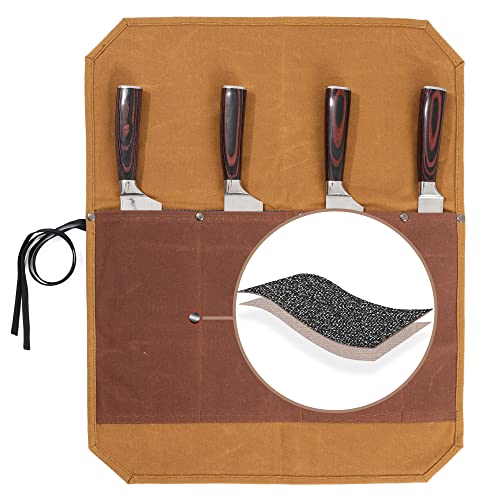 Chef's Knife Case, Heavy Duty 16oz Waxed Canvas Knife Carrier, 4 Slots Two-Color Knife Roll with Specialized Cut-Proof Cloth, Khaki & Brown (21.5"L x 17.5"W)