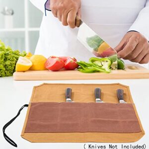 Chef's Knife Case, Heavy Duty 16oz Waxed Canvas Knife Carrier, 4 Slots Two-Color Knife Roll with Specialized Cut-Proof Cloth, Khaki & Brown (21.5"L x 17.5"W)