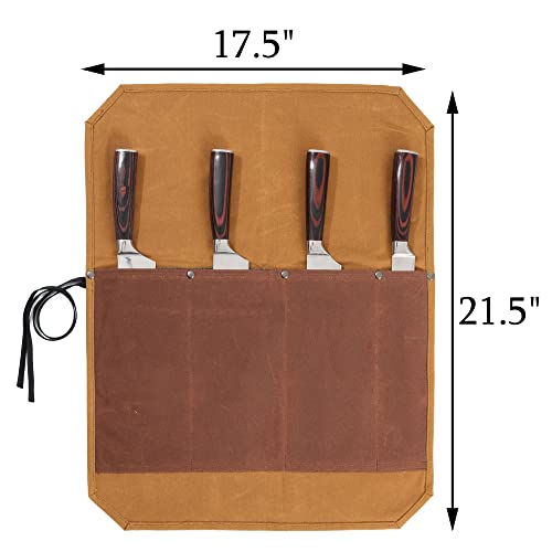 Chef's Knife Case, Heavy Duty 16oz Waxed Canvas Knife Carrier, 4 Slots Two-Color Knife Roll with Specialized Cut-Proof Cloth, Khaki & Brown (21.5"L x 17.5"W)