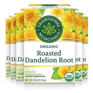 traditional medicinals organic roasted dandelion root herbal leaf tea, 16 tea bags (pack of 6)