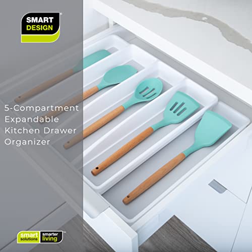 Smart Design Expandable 5 Compartment Plastic Drawer Organizer - Non-Slip Lining and Feet - BPA Free - Utensils, Flatware, Office, Personal Care, or Makeup Storage - Kitchen - White with Gray