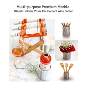 Premium Marble Utensil Holder- Multi-purpose Holder- Pen Holder- Wine Chiller- Flower Vase (White & Grey Marble- Medium)