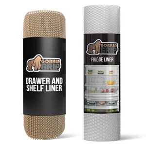 Gorilla Grip Drawer Liner and Refrigerator Liner, Drawer Liner Size 17.5x10 in Beige, and Refrigerator Liner Size 60x13 in Clear, 2 Item Bundle