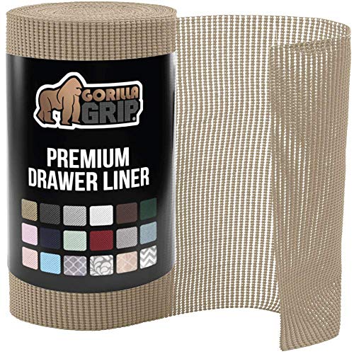 Gorilla Grip Drawer Liner and Refrigerator Liner, Drawer Liner Size 17.5x10 in Beige, and Refrigerator Liner Size 60x13 in Clear, 2 Item Bundle