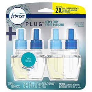 febreze plug in air fresheners, heavy duty crisp clean, odor fighter for strong odors, scented oil refill (2 count)