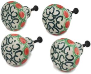 polish pottery set of 4 drawer pull knobs 1-1/2 inch made by ceramika artystyczna (indian trail theme) + certificate of authenticity
