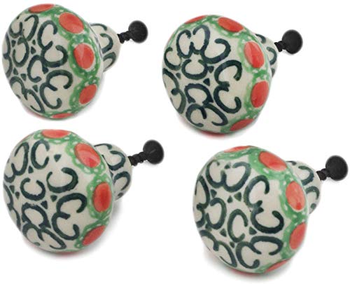 Polish Pottery Set of 4 Drawer Pull Knobs 1-1/2 inch Made by Ceramika Artystyczna (Indian Trail Theme) + Certificate of Authenticity