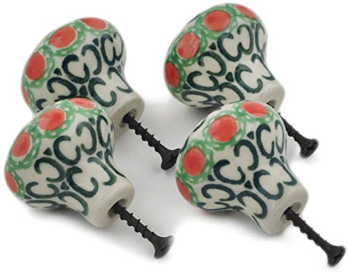 Polish Pottery Set of 4 Drawer Pull Knobs 1-1/2 inch Made by Ceramika Artystyczna (Indian Trail Theme) + Certificate of Authenticity