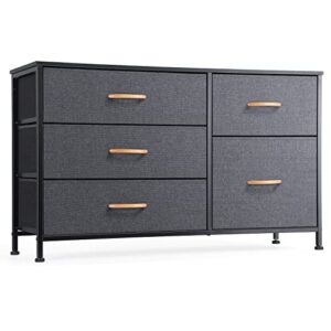 nicehill dresser for bedroom with 5 drawers, storage drawer organizer, wide chest of drawers for closet, clothes, kids, baby, tv stand with storage drawers, wood board, fabric drawers(black grey)