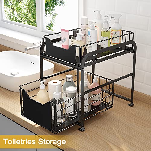 Under Sink Organizer, 2 Tier Pull Out Cabinet Organizer with Storage Basket Drawers, Countertop Storage Shelf Under Sink Storage Rack for Bathroom Kitchen (Large, Black)