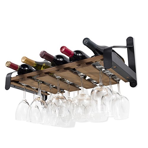 Rustic State Wall Mounted Wood Floating Wine Rack with Glassware Holder Stemware Shelf Storage Organizer for 5 Bottles and up to 15 Glasses - Home, Kitchen, Dining Room Bar Décor - Walnut