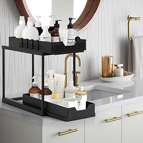 2-Tier Under Sink Organizer Storage, Double Sliding Under Cabinet Basket Organizer with 2 Pull Out Drawers & 4 Hooks, Multi-Purpose Under Shelf Organizer for Bathroom Kitchen (1 Pack)