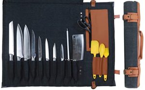 chef knife roll bag large | stores 10 knives, 3 kitchen utensils plus leather zipper pouch size open: 28″ x 20″ | waxed canvas knife carrier | easily carried shoulder strap professional chefs