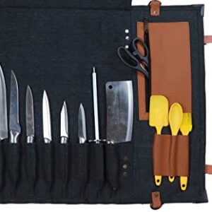 Chef knife roll bag large | stores 10 knives, 3 kitchen utensils Plus leather zipper pouch size open: 28" x 20" | waxed canvas knife carrier | easily carried shoulder strap professional chefs