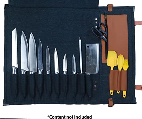 Chef knife roll bag large | stores 10 knives, 3 kitchen utensils Plus leather zipper pouch size open: 28" x 20" | waxed canvas knife carrier | easily carried shoulder strap professional chefs