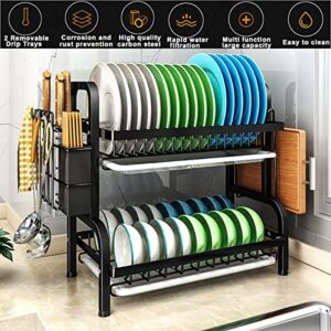 Dish Drying Rack, Rustproof 2-Tier Dish Rack -Multifunctional Dish Rack with Utensil Holder, Cutting Board Holder and Dish Drainer for Kitchen Counter (Black)