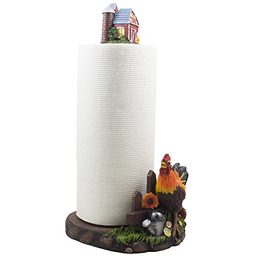Decorative Farm Rooster Paper Towel Holder with Barn in Rustic Country Kitchen Decor Accessories As Gifts for Farmers