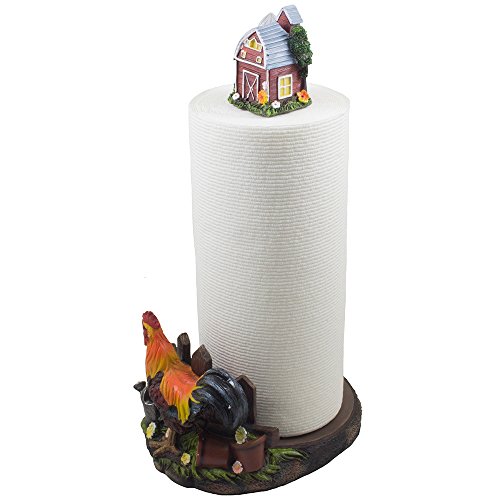 Decorative Farm Rooster Paper Towel Holder with Barn in Rustic Country Kitchen Decor Accessories As Gifts for Farmers