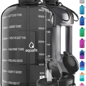 AQUAFIT 1 Gallon Water Bottle With Times To Drink - 128 oz Water Bottle With Straw - Motivational Water Bottle - Large Water Bottle - Sports Water Bottle With Time Marker - Gym Water Jug 1 Gallon