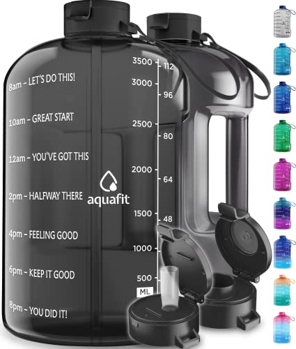 AQUAFIT 1 Gallon Water Bottle With Times To Drink - 128 oz Water Bottle With Straw - Motivational Water Bottle - Large Water Bottle - Sports Water Bottle With Time Marker - Gym Water Jug 1 Gallon