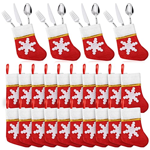 LucyPhy 24 Pack Christmas Mini Stockings Tableware Holders Christmas Socks Decorations Spoon Fork Bag Candy Pouch Bag for Xmas Party Tree Dinner Table Home Ornaments