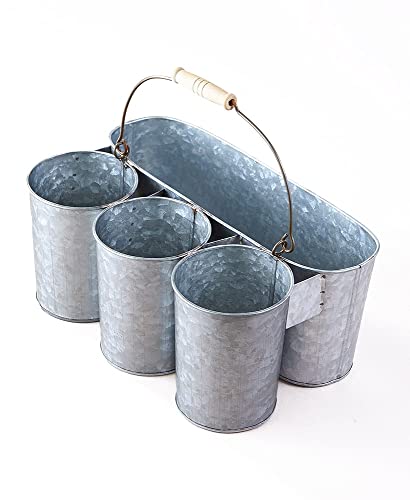 The Lakeside Collection Metal Serving Caddy - Rustic Silverware Organizer and Plate Holder - Galvanized