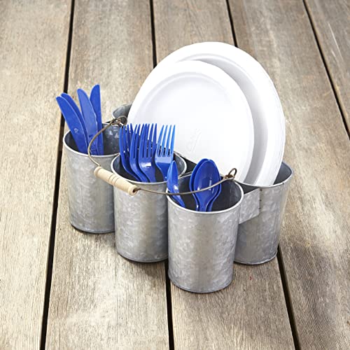 The Lakeside Collection Metal Serving Caddy - Rustic Silverware Organizer and Plate Holder - Galvanized