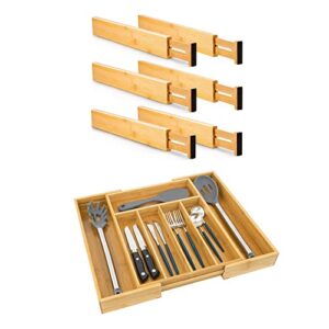 diosbles 6 pack bamboo drawer dividers expandable(2.36″ high, 13.86″-18.98″) and bamboo expandable silverware organizer