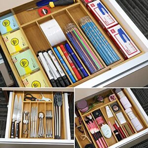 Diosbles 6 Pack Bamboo Drawer Dividers Expandable(2.36" High, 13.86"-18.98") and Bamboo Expandable Silverware Organizer