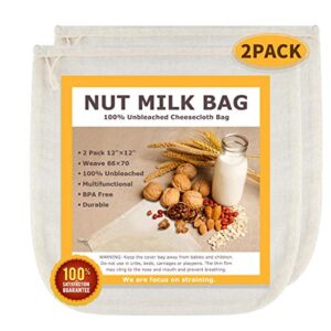 nut milk bags, all natural cheesecloth bags, 12″x12″, 2 pack, 100% unbleached cotton cloth bags for tea/yogurt/juice/wine/soup/herbs, durable washable reusable almond milk strainer(weave 66×70)