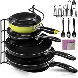 almcmy pan organizer rack,5 tier heavy duty pots and pans organizer,pot lid organizer rack for kitchen counter & cabinet storage and organization,send 3 pcs silicone cooking spatulas&cleaning cloth